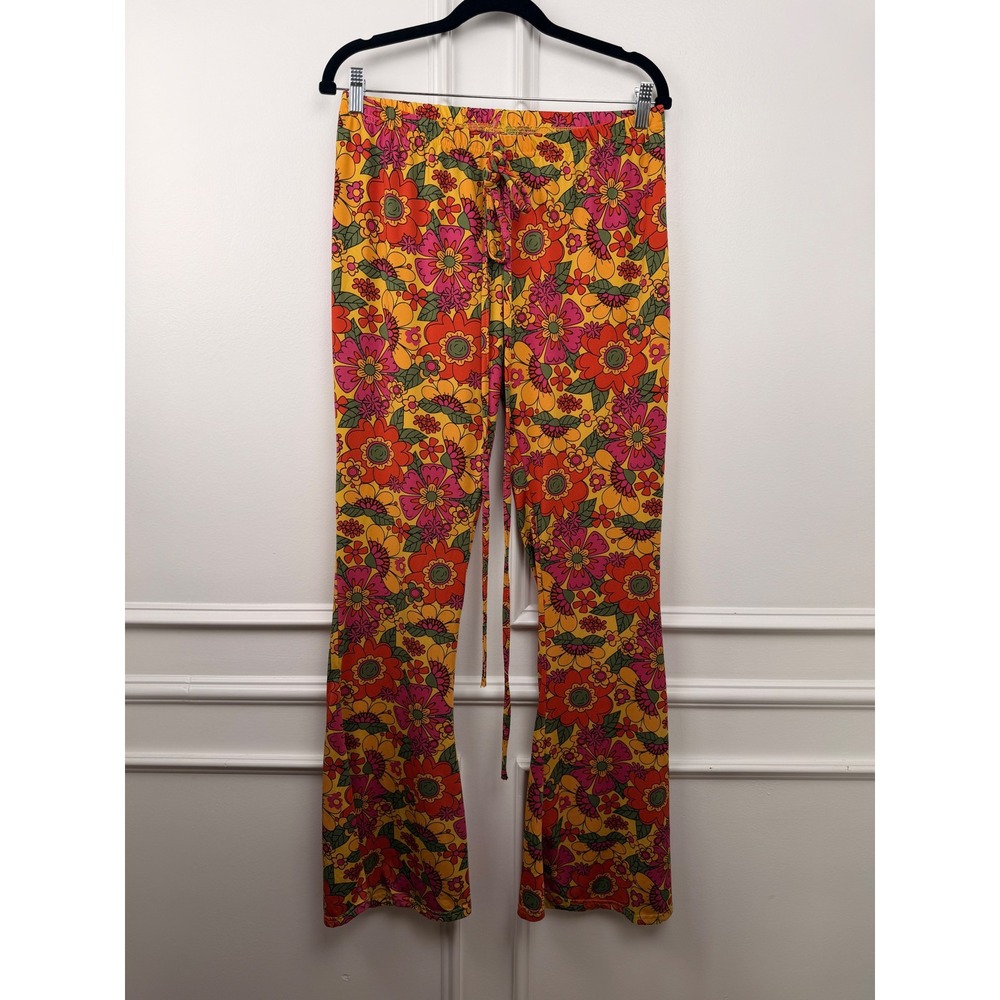 Spirit Womens Retro 70s Floral Flare Pants Orange Pink Psychedelic Bell Bottom L